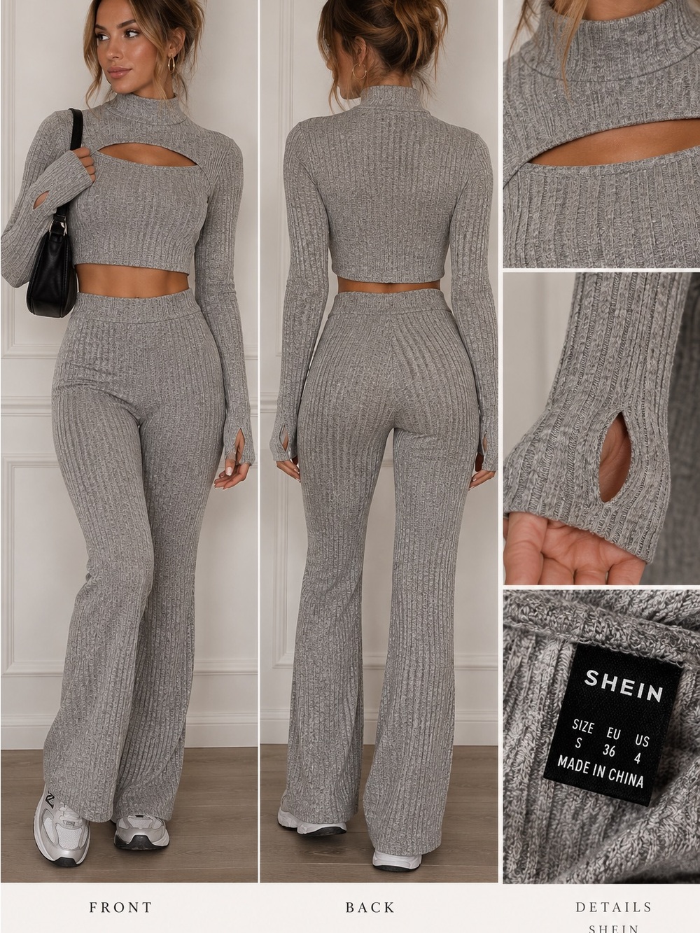 SHEIN Gray Ribbed Knit Crop Top & Wide Leg Pants Set